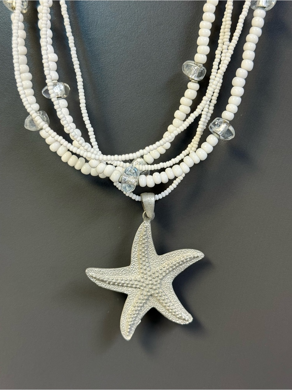 Multi-Strand Coastal White Beaded Necklace with Starfish Pendant - Picture 2 of 10